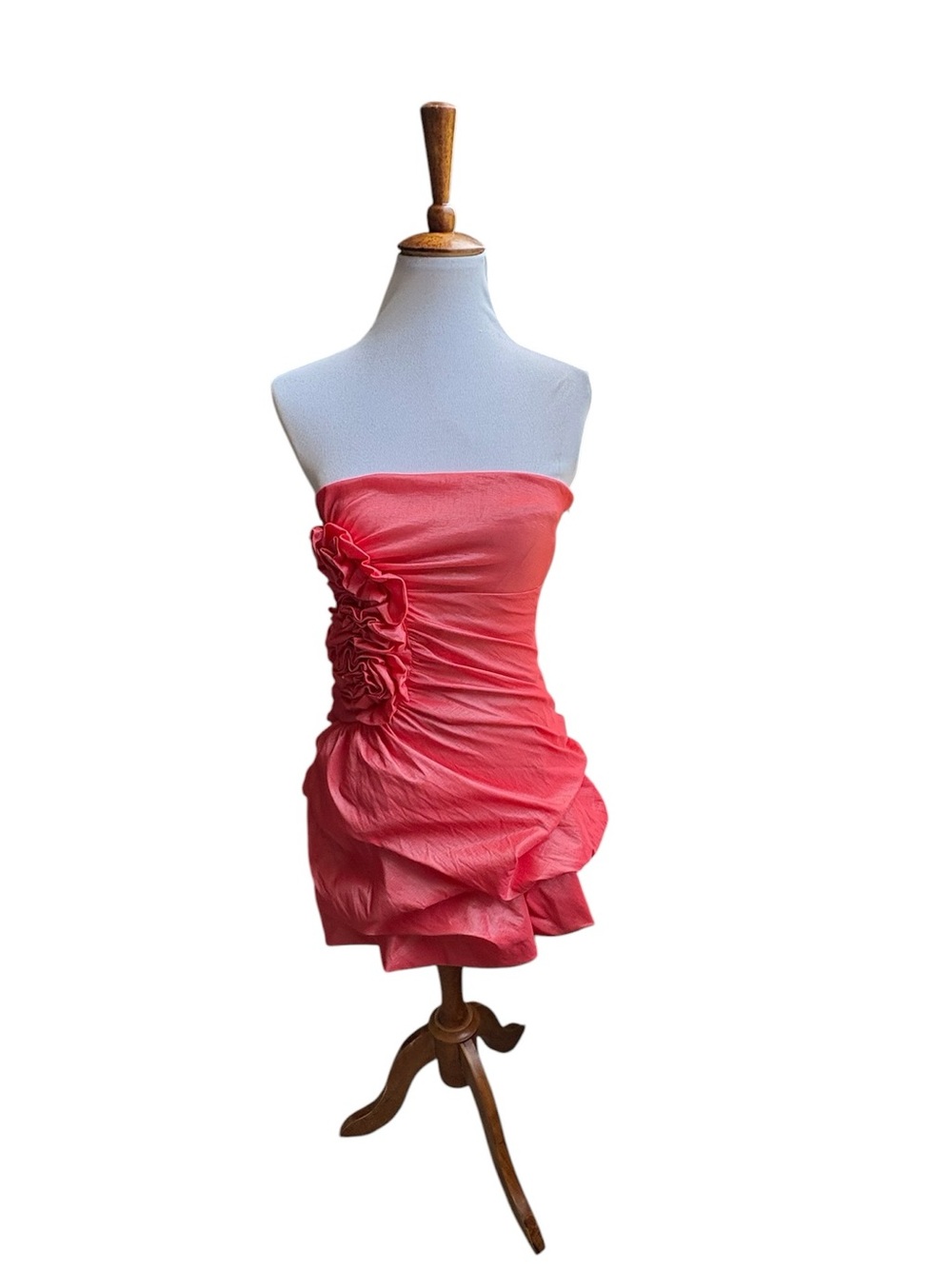 Strapless Coral Ruched Mini Dress with Side Rosette
